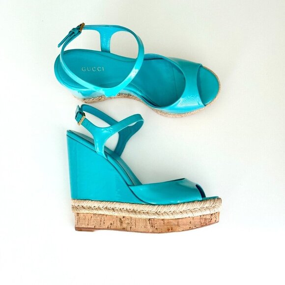 GUCCI Turquoise Patent Leather Espadrille Cork Wedge Sandals Size 38.5 US 8.5 - Picture 1 of 12
